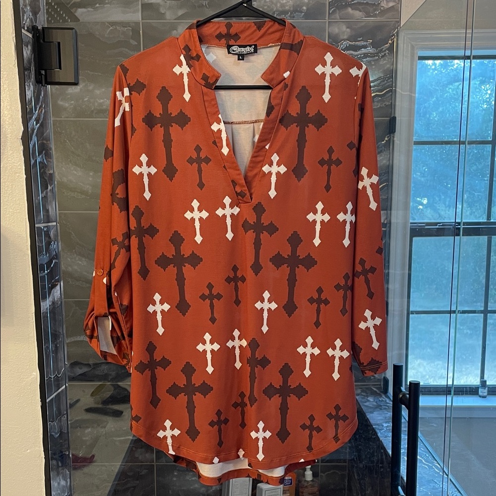 Cowgirl Hardware Terracotta and White Cross Pattern Blouse